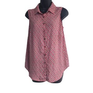 New Directions Womens Red Geometric Sleeveless Button Down Lattice Back Top M